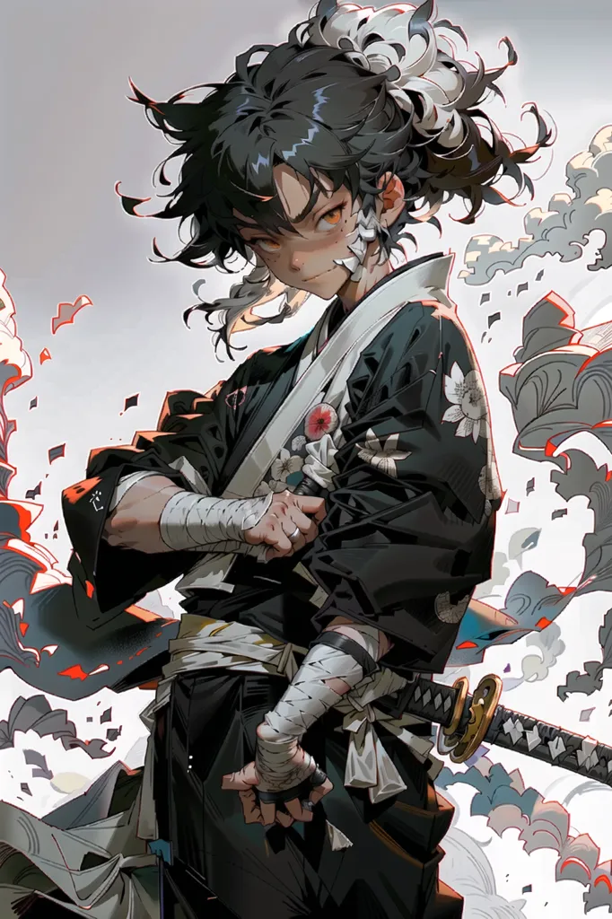 This image is of a young man with long, black hair and brown eyes. He is wearing a black kimono with white and red accents and a white obi. He is also wearing a white headband and has a red flower in his hair. He is standing in a field of white and red flowers. There is a large rock in the background. The man is holding a sword in his right hand. He has a determined look on his face.