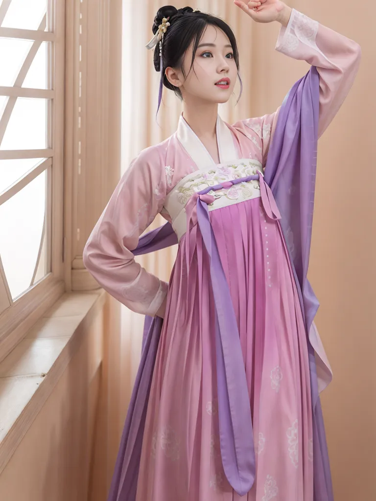 A imagem mostra uma jovem mulher vestindo um hanfu rosa e roxo, um vestido tradicional chinês. O hanfu tem uma saia longa e fluida e um corpete ajustado. O cabelo da mulher está preso em um coque e ela está usando maquiagem tradicional chinesa.