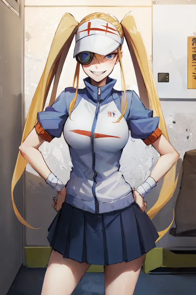 The image depicts a young woman with long blonde hair tied in twintails, wearing a white and blue tracksuit with a red and white cap. She has an eyepatch over her right eye and a confident smirk on her face. She is standing with her hands on her hips in what seems to be a hallway or changing room.