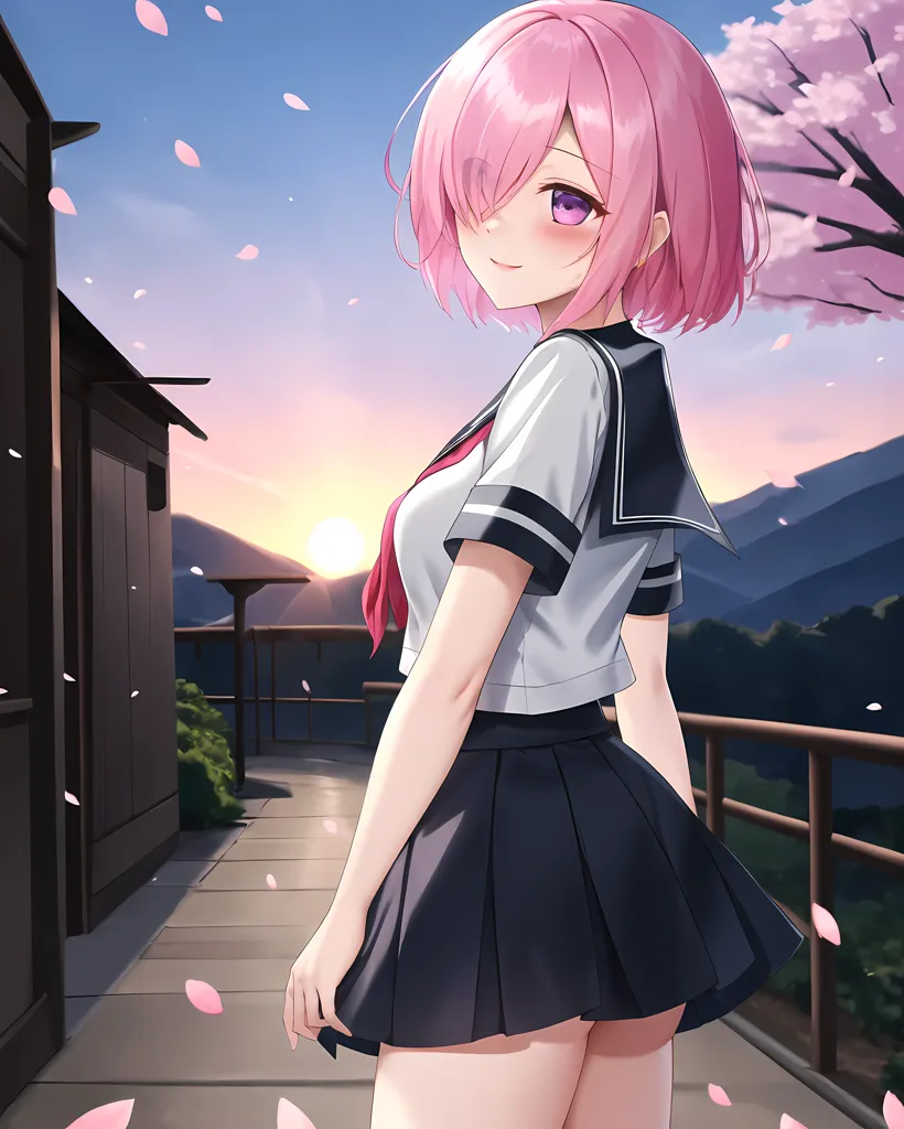 The image is of a young woman with pink hair and purple eyes. She is wearing a white and blue sailor-style school uniform. She is standing on a wooden walkway with a traditional house and mountains in the background. The sun is setting and there are cherry blossom petals falling. The girl is smiling and looks happy.