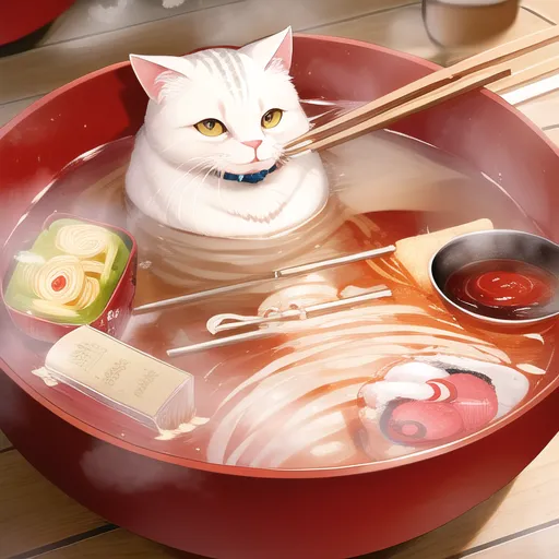 The image shows a white cat sitting in a large bowl of ramen. The cat is holding a pair of chopsticks in its paws and is about to eat a piece of sushi. The bowl is also filled with other ingredients, such as pork, vegetables, and noodles. The cat is surrounded by steam, and the background is blurred.