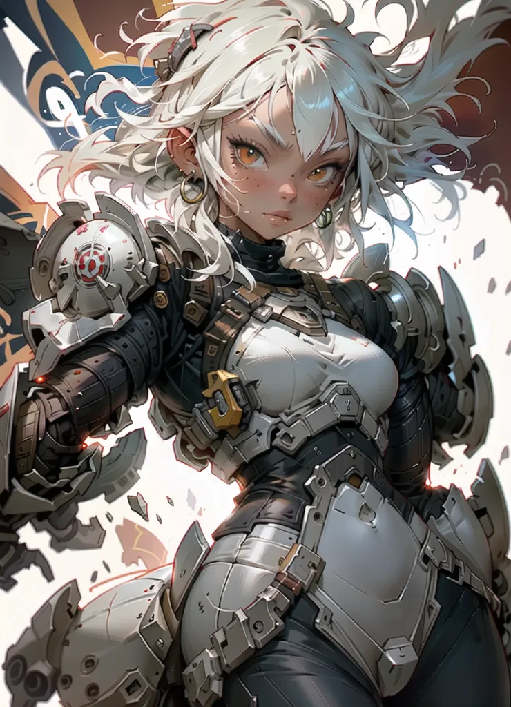 The image is a painting of a young woman with long white hair and orange eyes. She is wearing a white and gray bodysuit with armor plating on her shoulders, arms, and legs. She has a serious expression on her face and is looking at the viewer. The background is a blur of light and dark colors.