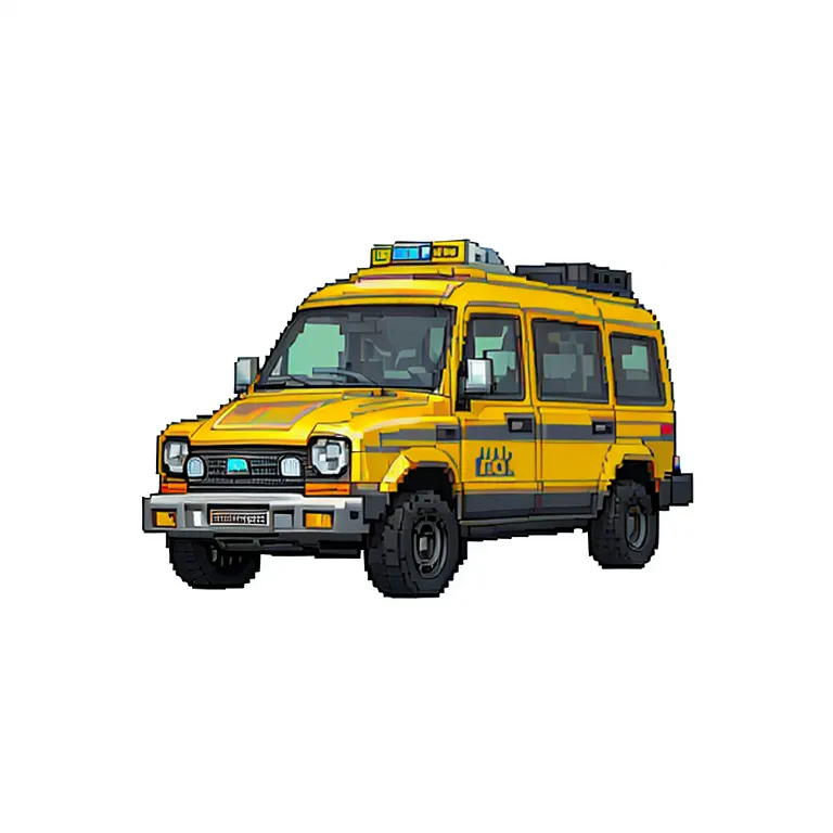 The image shows a yellow van with a black stripe on the side. The van has a roof rack with a ladder on it. There are also two blue and yellow lights on the roof. The van has a bumper with a winch on it. The van is in pixel art style.