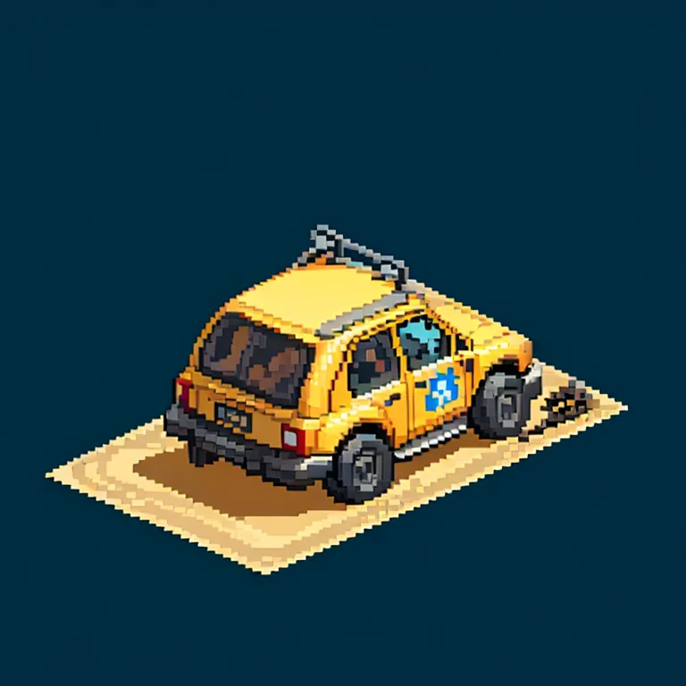 L'image est une voiture jaune pixélisée. C'est un véhicule à quatre portes avec un porte-bagages sur le toit et une croix bleue sur le capot. La voiture est sur une surface sablonneuse. L'arrière-plan est bleu foncé.