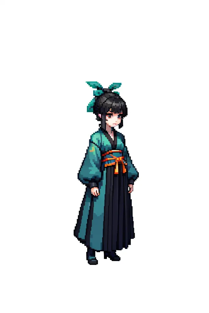 C'est une image pixélisée d'une fille, qui porte un kimono bleu avec une écharpe jaune et orange et un ruban vert dans ses cheveux. Elle regarde vers la gauche du spectateur avec une expression neutre sur son visage.