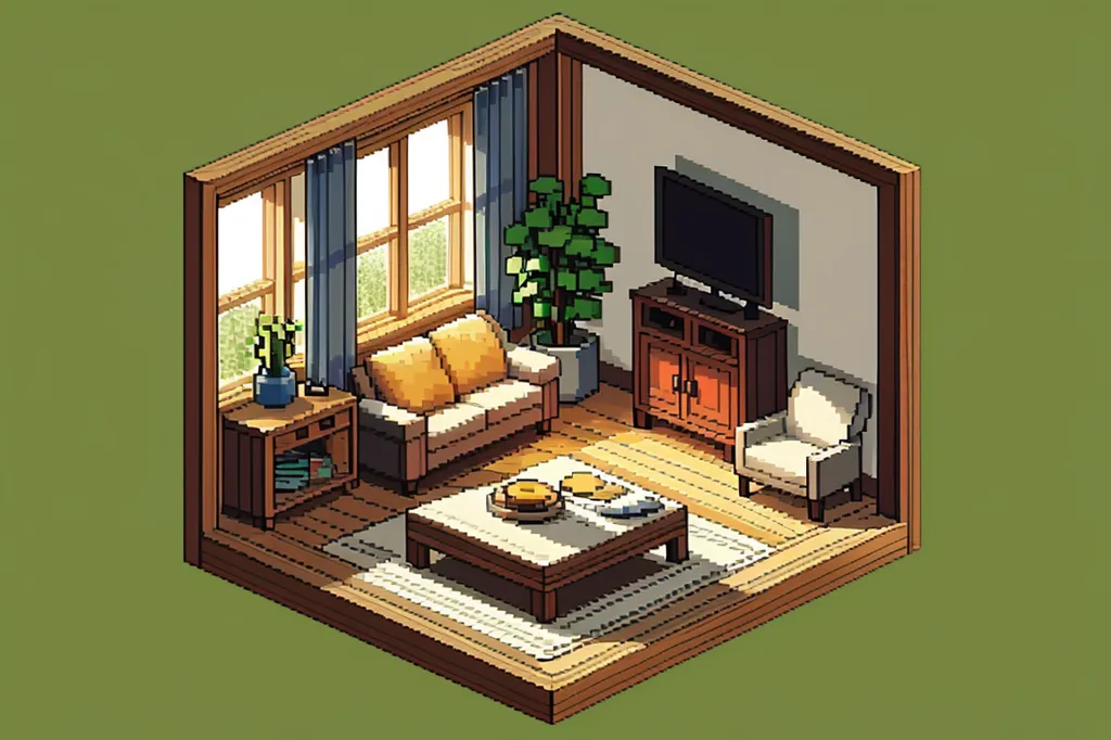 The image shows a living room in a pixelated art style. The room has a wooden floor, white walls, and two windows with blue curtains. There is a brown sofa, a white armchair, and a coffee table in the room. There is a television on a brown stand, a plant, and some books in the room. The room is decorated with a few paintings and a rug.