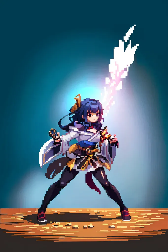 A imagem é uma arte de pixel de um personagem feminino do jogo de vídeo "Genshin Impact". O personagem se chama Kamisato Ayaka e é um personagem jogável no jogo. Ela é retratada como uma jovem com cabelos azuis longos e olhos roxos, e ela está usando um quimono branco e azul. Ela também está segurando uma espada e está em uma posição de prontidão. O fundo da imagem é um gradiente azul e há algumas moedas de ouro no chão.