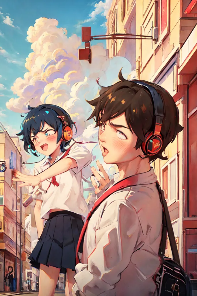 This is an image of two anime-style teenagers standing in a city street. They are both wearing headphones and the boy has a bag over his shoulder. The girl has her hand out indicating that she wants the boy to stop. They are both looking at each other and the boy has a surprised expression on his face. The background is a busy city street with people walking around and buildings in the distance.