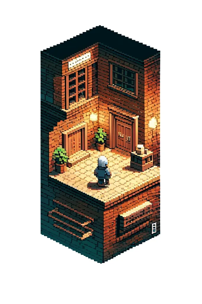 The image shows a person standing in a small courtyard. The courtyard is surrounded by a brick building. There are two doors and two windows on the building. There are two potted plants in the courtyard. The person is wearing a white shirt and brown pants. The image has a pixelated style.