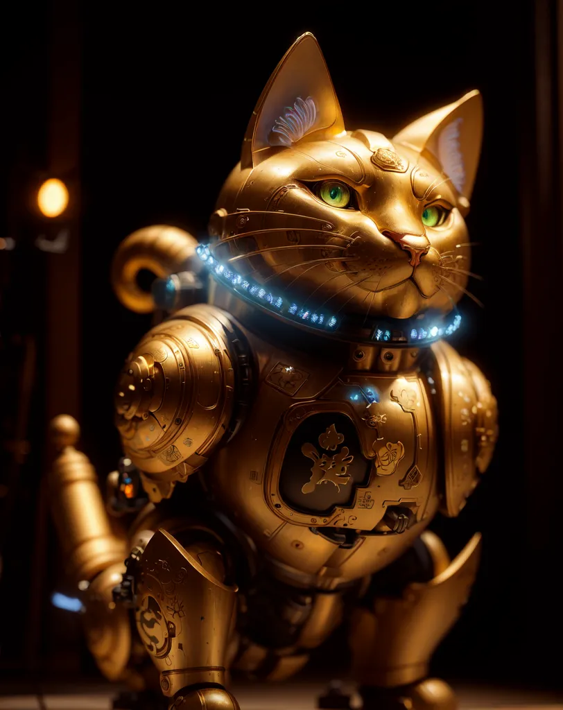 The image shows a golden robotic cat with green eyes. The cat is sitting on a dark surface and is surrounded by a dark background. The cat is wearing a blue and white collar with a bell on it. The cat is also wearing a golden chest plate with a red circle in the center and various other golden decorations. The cat's tail is long and robotic, and it is curled up around the cat's body.