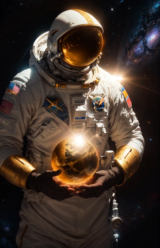 Esta é uma imagem de um astronauta em um traje espacial com o capacete colocado, segurando a Terra em suas mãos. O astronauta está em pé diante de um fundo estrelado com uma fonte de luz brilhante à direita. O traje do astronauta é branco com detalhes dourados, e a Terra é azul e verde.