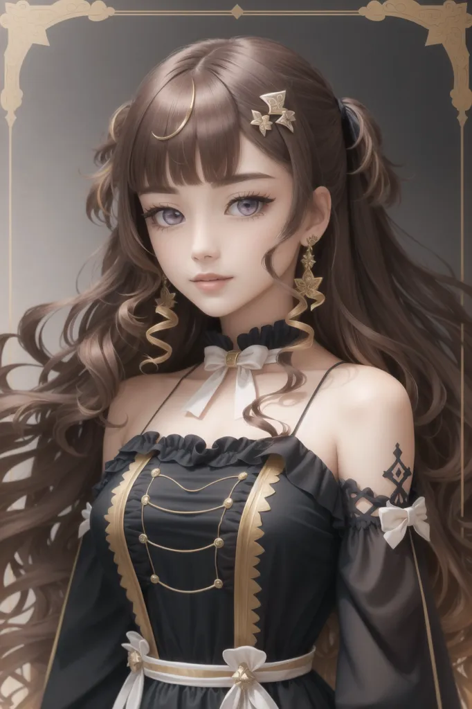 The image shows a beautiful anime girl with long brown hair and purple eyes. She is wearing a black and white dress with a white bow on her chest. She is also wearing a necklace and earrings. Her hair is styled in two pigtails with a pair of gold hair accessories on the left side of her head. She has a gentle smile on her face and is looking at the viewer with her head tilted slightly to the right. The background is a dark brown with a gold frame around the image.