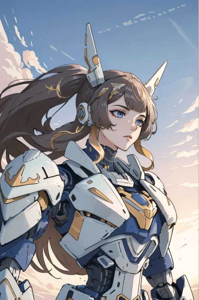 This is an illustration of a young woman who appears to be a cyborg, with brown hair and blue eyes. She is wearing a white and blue armored suit with gold accents. The suit has a futuristic design and covers her torso, arms, and legs. She is also wearing a pair of headphones with a microphone attached. She has a confident expression on her face and is looking to the right of the frame. The background is a gradient of blue and white, with a few clouds in the distance.