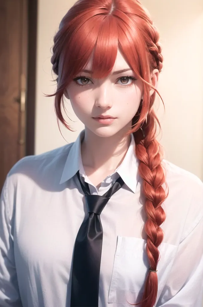 This is an image of a young woman with long red hair. She is wearing a white dress shirt with a black tie. Her hair is braided and she has a serious expression on her face. She looks like she is about to say something important.