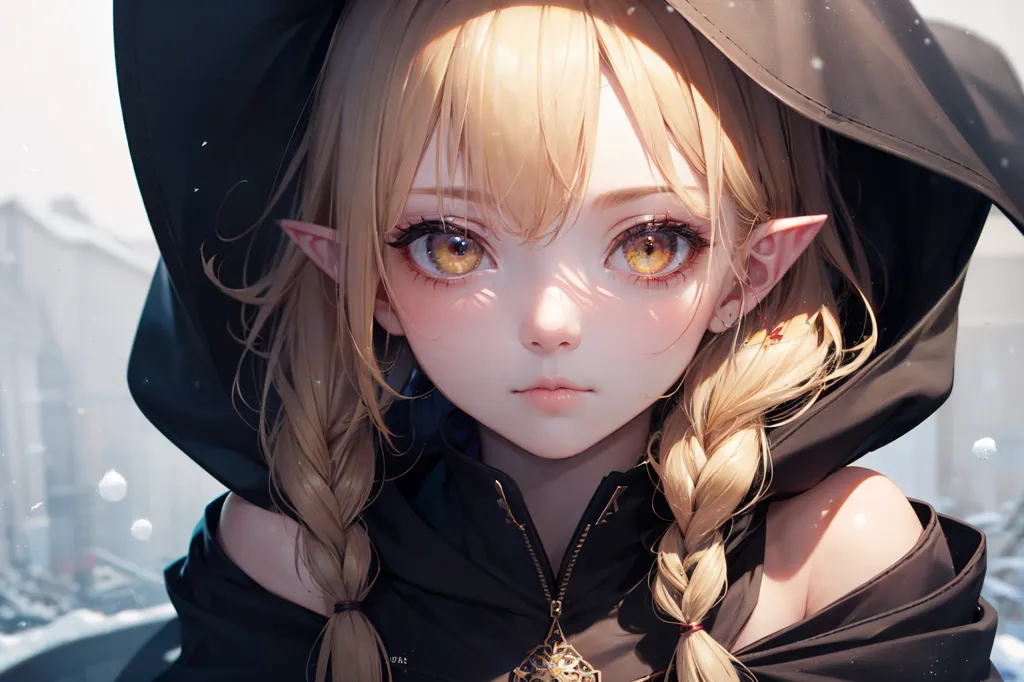 The image is a digital painting of a young woman with long blonde hair and pointed ears. She is wearing a black hoodie with a white fur trim. The hood is pulled back to reveal her face, which is pale with a light pink blush on her cheeks. Her eyes are almond-shaped and a light golden color, and her lips are slightly parted. She is looking at the viewer with a curious expression. The background is a blurred cityscape with snow falling.