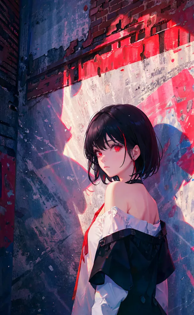 The image is a painting of a young woman with red eyes and black hair. She is wearing a white shirt and a black jacket. The background is a brick wall with red and white graffiti. The woman is standing in front of the wall and looking at the viewer.