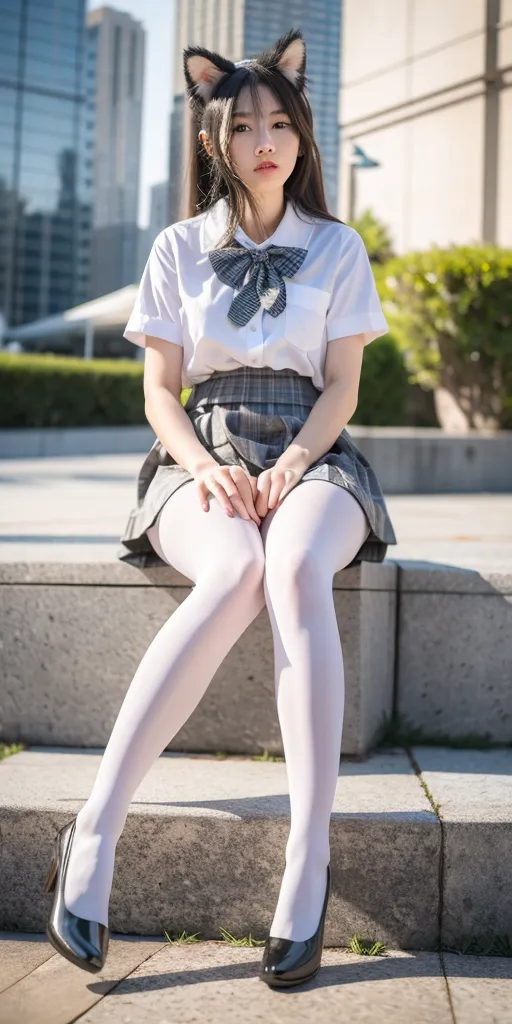 The image shows a young woman sitting on a step outdoors. She is wearing a white blouse, a gray pleated skirt, and black shoes. She has a black bow in her hair and cat ears on her head. She is looking at the camera with a shy expression.