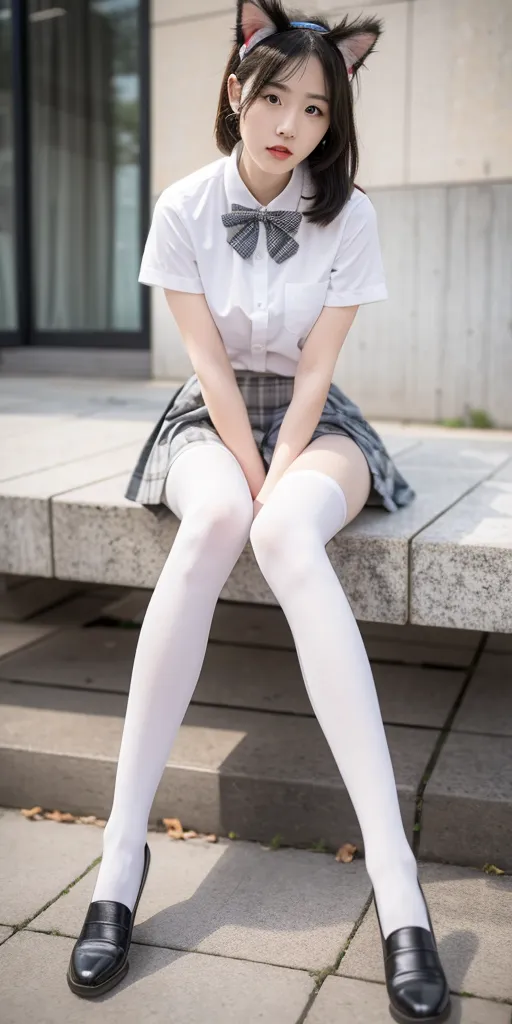 The image shows a young woman sitting on a bench. She is wearing a white shirt, a gray plaid skirt, and white socks. She has a black bow tie around her neck and cat ears on her head. She is looking at the camera with a serious expression.