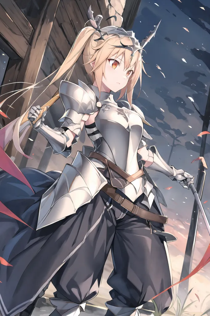 The image is of a young woman in knight's armor. She has long blond hair that is tied back in a ponytail, and her eyes are a light orange color. She is wearing a silver breastplate with a brown skirt and black pants. She is also wearing a red cape and a pair of brown boots. She is holding a sword in her right hand and a shield in her left hand. She is standing in front of a wooden fence, and there are trees and mountains in the background.