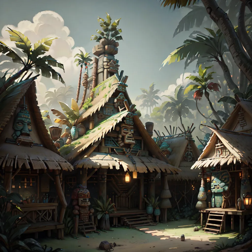 The image shows a village of huts in a tropical setting. The huts are made of wood and have thatched roofs. They are decorated with colorful carvings and masks. The village is surrounded by palm trees and other lush vegetation. There is a blue sky with white clouds in the background. The image has a warm and inviting atmosphere.