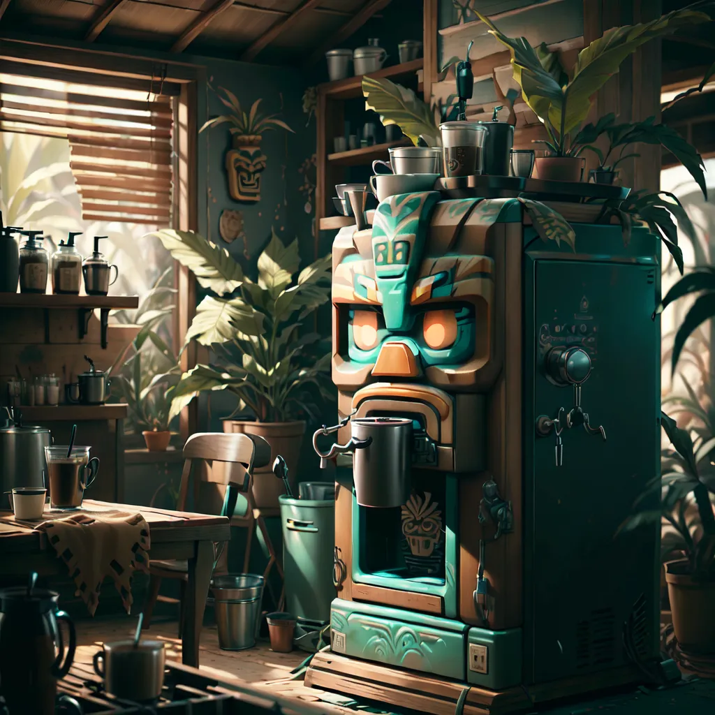 The image is a digital painting of a coffee shop. The shop is decorated with a tiki theme. There is a large tiki mask on the wall behind the counter. The counter is made of wood and has a green patina. There are shelves on the walls behind the counter that are stocked with coffee mugs, cups, and other supplies. There is a coffee machine on the counter. The machine is green and has a tiki mask on the front. There is a table in front of the counter with two chairs. The table is made of wood and has a green tablecloth. There are two coffee cups on the table. There are plants throughout the coffee shop. The plants are all different types and sizes. The coffee shop is lit by natural sunlight. The image is warm and inviting.