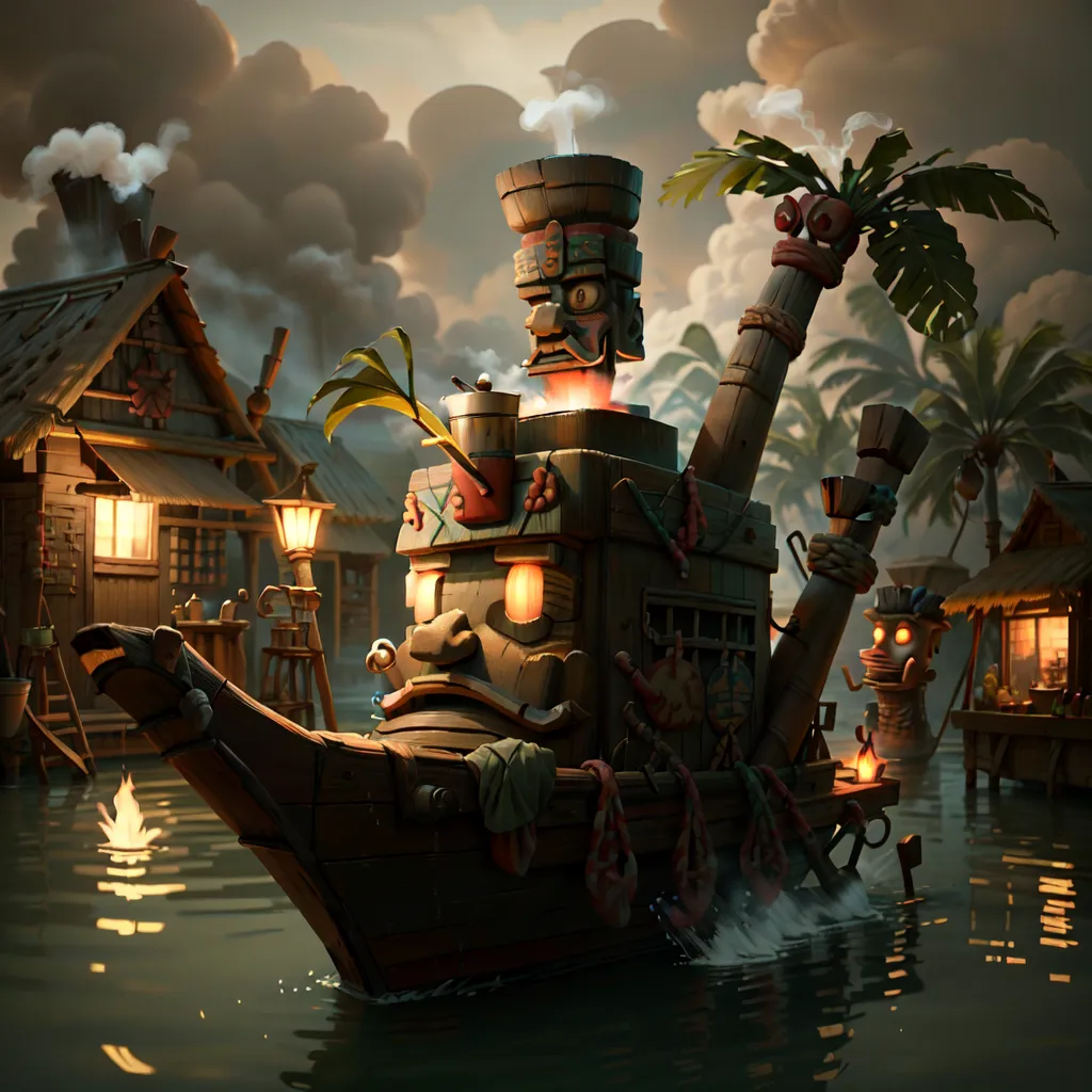 The image shows a boat resembling a tiki statue. The boat has a face with a red nose and a green hat with a palm tree sticking out of it. The boat also has two arms holding a palm tree and a torch. The boat is docked in a small village with several houses and a dock. The houses are made of wood and have thatched roofs. There are also several palm trees in the village. The water in the village is green and there are some small waves. The sky is cloudy and there are some stars in the sky.