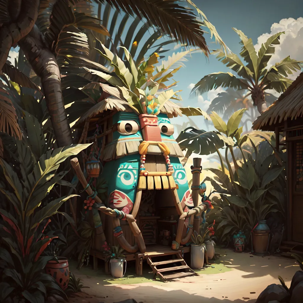 The image shows a small, tiki-style hut in the middle of a lush jungle. The hut is made of wood and has a thatched roof. It is decorated with colorful paint and carvings. There is a doorway in the front of the hut and a window on the left side. The hut is surrounded by palm trees and other tropical plants. There is a sandy path leading up to the hut. The hut is located on a beach, and the ocean can be seen in the background.