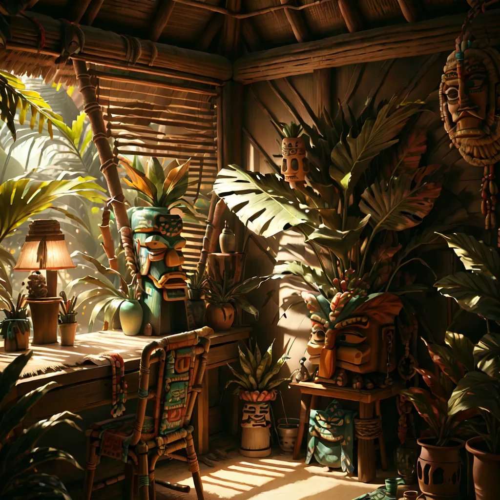 The image is a rendering of a tiki-themed room. The room is made of wood and has a thatched roof. The walls are decorated with tiki masks and the floor is covered with sand. There is a large window that looks out onto a jungle scene. There is a desk in the room with a lamp on it. There is a chair behind the desk. There are plants and flowers all around the room. The room is lit by the sun coming in through the window.