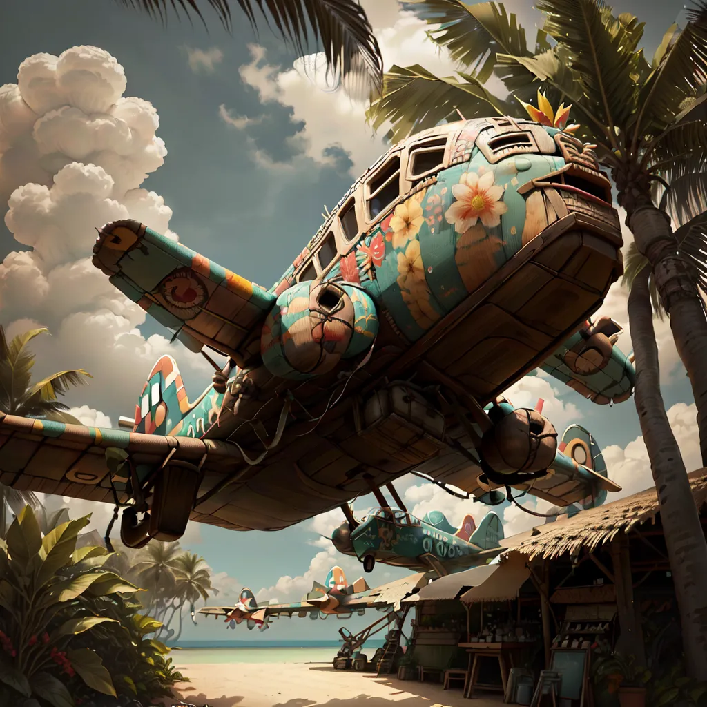 This is a painting of a plane. The plane is decorated with flowers and has a face painted on the front. There are palm trees and a beach in the background. The sky is blue and there are some clouds. The plane is flying low over the beach. There are some buildings on the beach. The painting is in a realistic style.