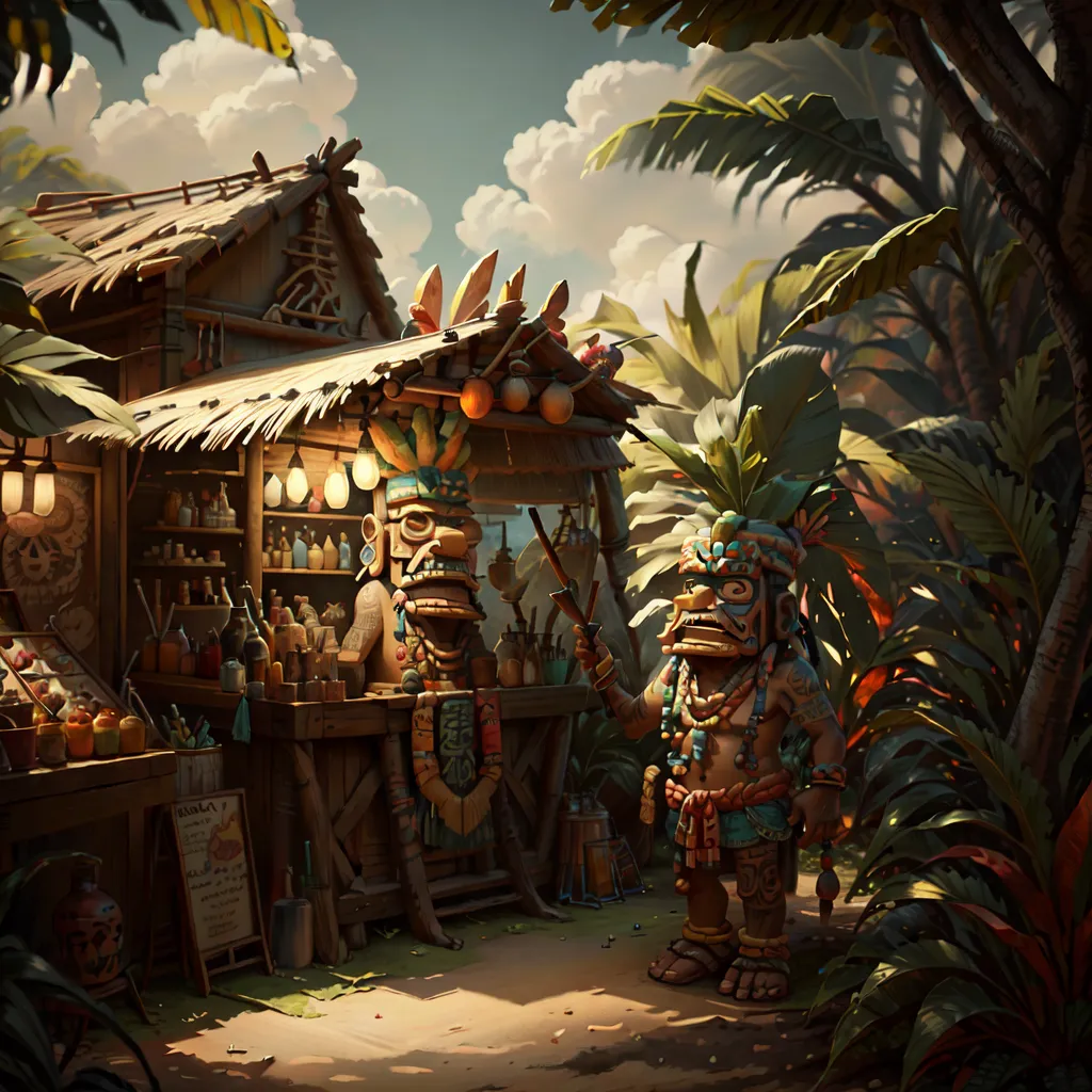 The image shows a small hut in a jungle setting. The hut is made of wood and has a thatched roof. There is a sign on the front of the hut that says "Aloha". There are two tiki statues in front of the hut. One is holding a drink and the other is holding a torch. There are also some plants and trees in the background.