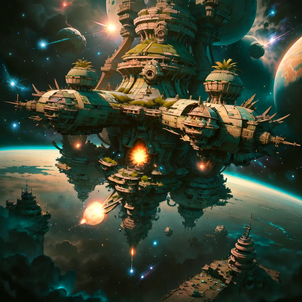 The image is a painting of a large spaceship. The ship is in space and is surrounded by planets and stars. The ship is made of metal and has a lot of guns on it. It also has a large engine that is firing. The ship is green and brown. There are also a lot of smaller ships flying around the large ship.