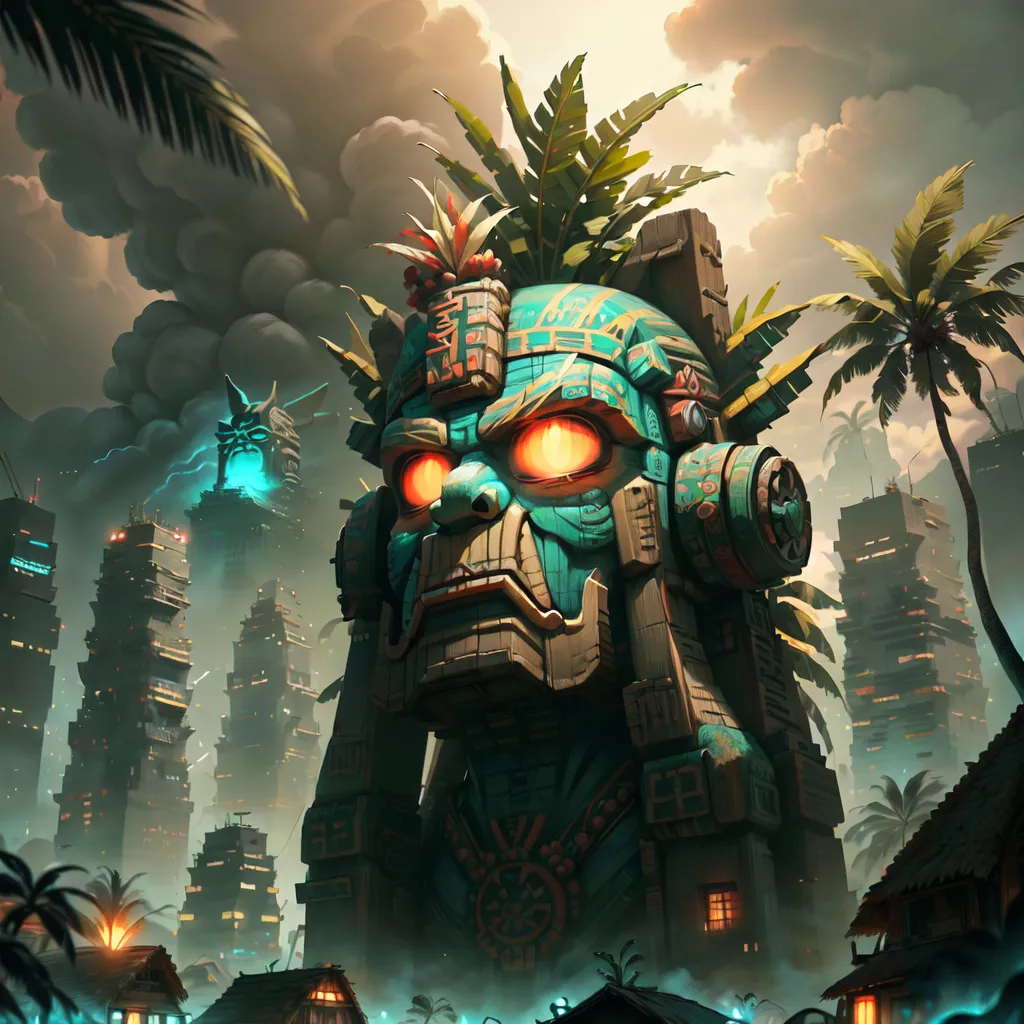 The image shows a large, green stone head with glowing red eyes. The head is wearing a headdress made of leaves and feathers. It is standing in a tropical setting, surrounded by palm trees and other lush vegetation. In the background, there is a city with tall buildings and flying cars. The city is built in a Mesoamerican style, with pyramids and other stepped structures. The sky is dark and cloudy, and there is a storm brewing.