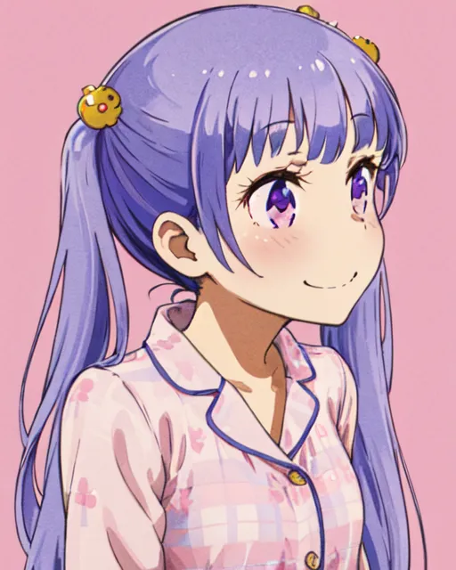 The image shows a young girl with purple hair and purple eyes. She is wearing a pink and white checkered pajama shirt. The girl has a shy smile on her face and is looking to the right of the frame. She has two small yellow bird-like clips in her hair.