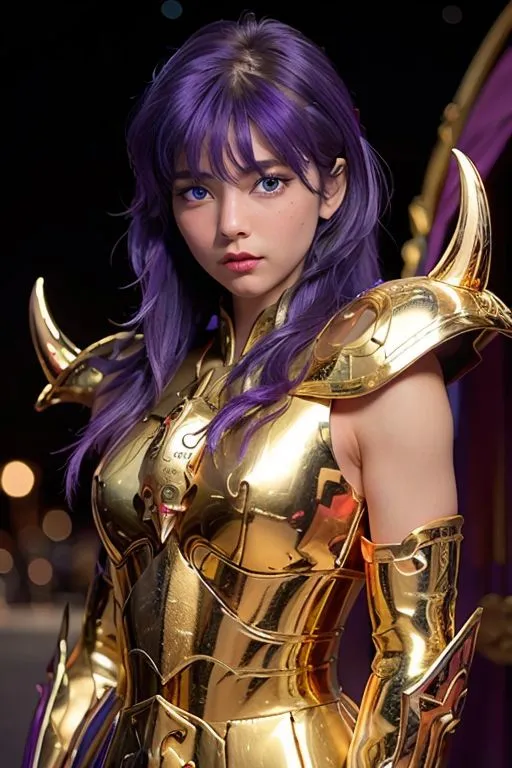 The image shows a young woman with purple hair and blue eyes. She is wearing a golden armor and has a serious expression on her face. She looks like a warrior or a superhero.