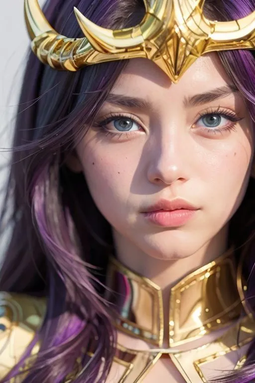 The image shows a young woman with purple hair and blue eyes. She is wearing a golden crown and a golden breastplate. The woman's expression is serious and determined. She looks like a warrior or a goddess.