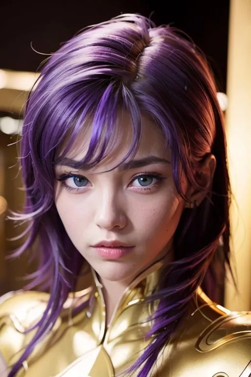 The image shows a young woman with purple hair and blue eyes. She is wearing a golden armor and has a serious expression on her face. The background is blurred and there is a light shining on her face.