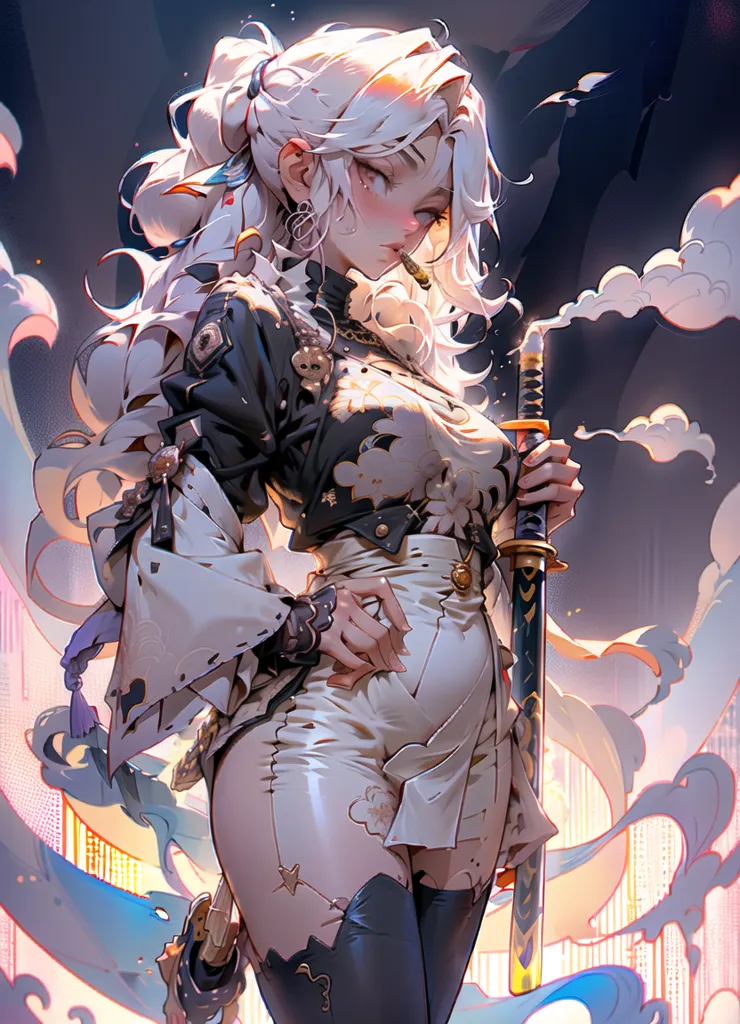 The image is a digital painting of a young woman with long white hair and pale skin. She is wearing a black and white outfit and smoking a cigarette. She is also carrying a sword. The background is a dark blue with a bright light in the center. The woman is standing in front of a large white cloud. She is looking at the viewer with a serious expression. The image is very detailed and the artist has used a variety of techniques to create a realistic and visually appealing image.