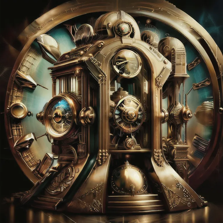 The image is a steampunk clockwork device. It is made of brass and has a large clock in the center. There are many smaller clocks and gears surrounding the central clock. The device is also decorated with various steampunk accessories.