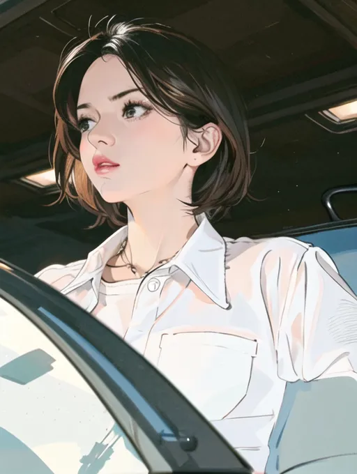 La imagen es una pintura digital de una mujer joven con el cabello corto y castaño. Lleva una camisa blanca y mira por la ventana de un coche. El fondo está borroso, pero parece que hay árboles afuera. La mujer tiene una expresión pensativa en su rostro. Probablemente esté pensando en algo serio. La pintura está hecha en un estilo realista, y el artista ha prestado mucha atención a los detalles. El cabello de la mujer está particularmente bien representado, y el artista ha capturado los sutiles reflejos y sombras en su rostro. La pintura también está bien compuesta, y el artista ha utilizado la regla de los tercios para crear una imagen visualmente atractiva.