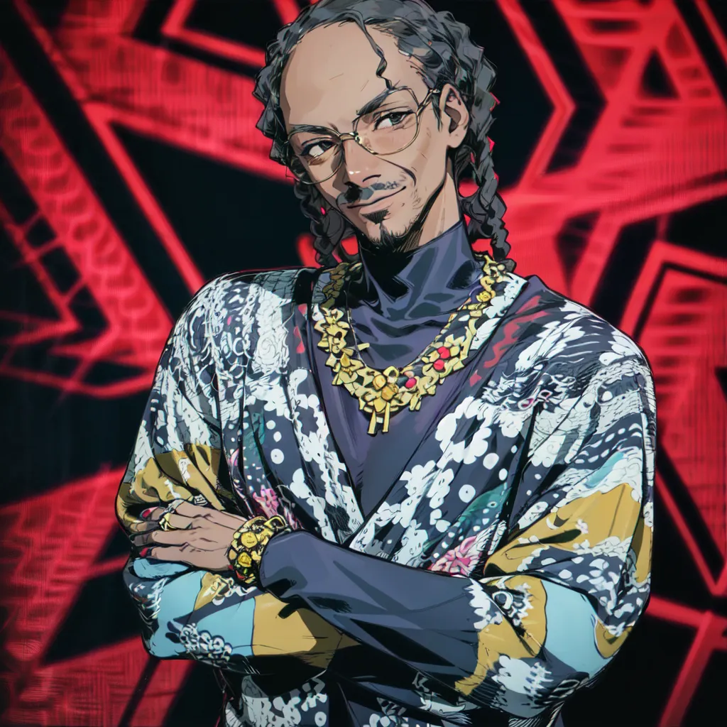 Esta es una imagen de un hombre con el cabello negro y largo, que lleva gafas, un jersey de cuello alto negro, y una chaqueta abierta de estilo kimono negro con un patrón floral. Tiene un collar de oro con un colgante, un anillo de oro y una pulsera en su mano izquierda. Está de pie con los brazos cruzados sobre el pecho y tiene una leve sonrisa en el rostro. El fondo es un patrón geométrico rojo.