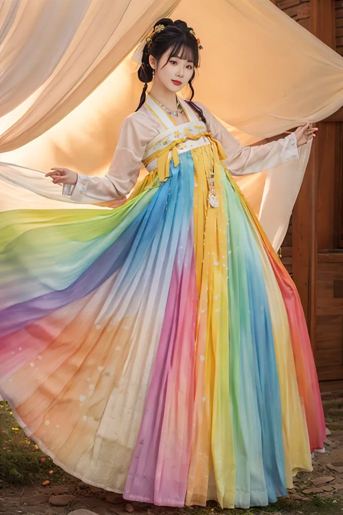 La imagen muestra a una mujer joven que lleva un vestido tradicional chino (Hanfu) con una falda de colores del arcoíris. El vestido tiene una parte superior blanca con mangas largas y un cuello amarillo y blanco. La falda está hecha de un tejido de colores del arcoíris con una cintura blanca. La mujer tiene el cabello recogido en un moño y lleva accesorios tradicionales chinos para el cabello. También lleva un collar y pendientes. El fondo de la imagen es un patio tradicional chino con una cerca de madera y un camino de piedra.