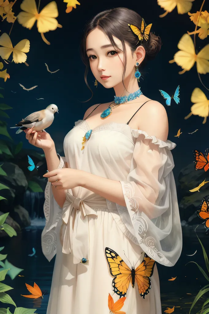 The picture shows a beautiful Asian woman with long dark hair. She is wearing a white dress with off-the-shoulder sleeves. The woman is standing in a forest, and there are butterflies and birds flying around her. She has a gentle smile on her face, and she looks like she is at peace with the world. The image is very detailed, and the artist has used a lot of different colors to create a vibrant and lifelike scene.