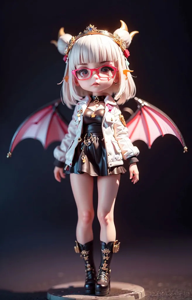 This image shows a 3D rendering of an anime-style succubus. She has pale skin, white hair, and red eyes. She is wearing a white jacket, a black dress, and black boots. She has a pair of glasses on and a crown on her head. She is also has bat wings.