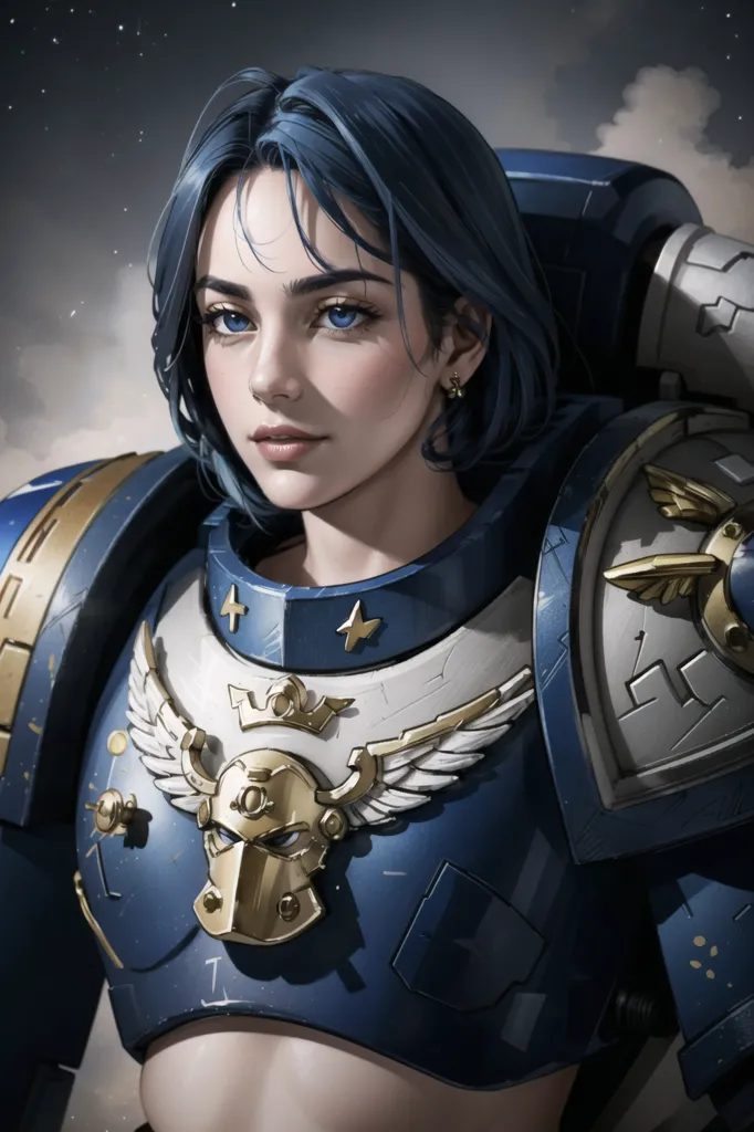 L'image montre une jeune femme aux cheveux bleus courts et aux yeux bleus. Elle porte une armure bleue et dorée avec un tabard blanc. L'armure a un crâne avec des ailes sur la poitrine. Elle regarde le spectateur avec une expression sérieuse.