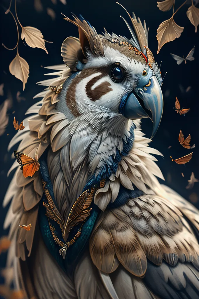 The image is a digital painting of a mythical creature, which is a cross between an owl and a peacock. The creature is standing in a dark forest, surrounded by butterflies. The owl has white, brown, and blue feathers, and a crest of feathers on its head. The peacock has a long, flowing tail with eyespots. The creature is also wearing a necklace made of leaves and flowers. The background is a dark forest, with a few leaves and branches visible. The image is very detailed, and the artist has used a variety of techniques to create a realistic and textured image.