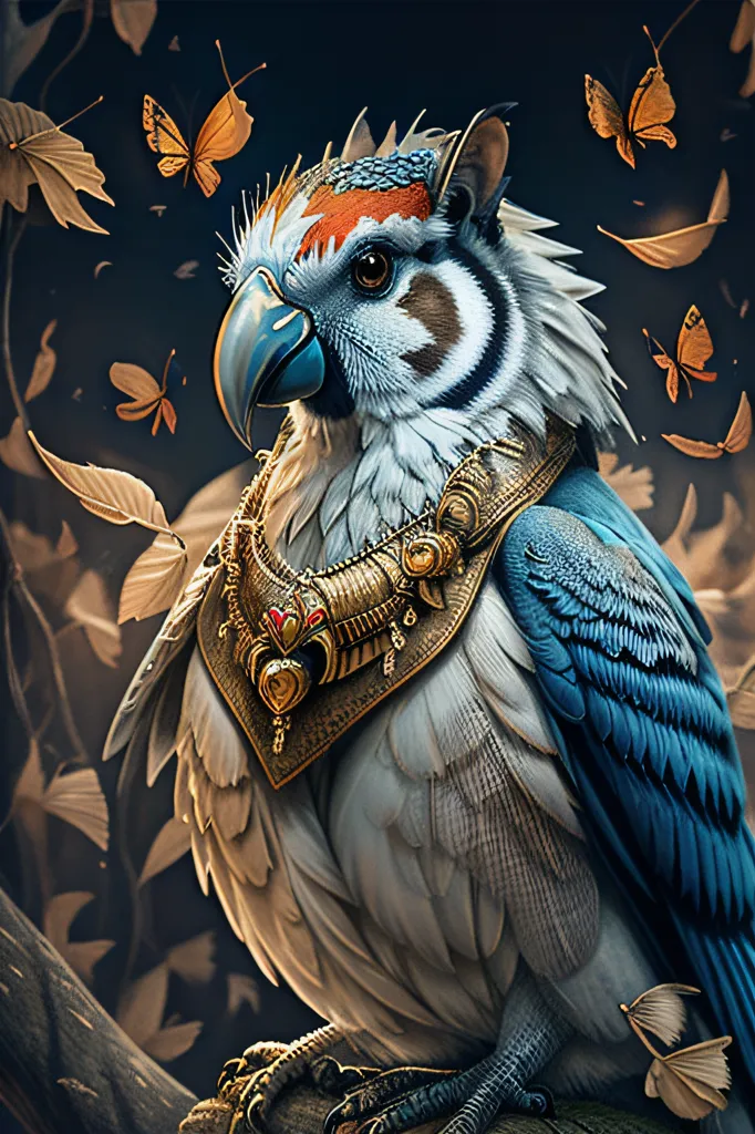 The image is a digital painting of a mythical creature. It has the body of a bird, with blue and white feathers. The creature also has the head of an owl, with large, round eyes and a hooked beak. It is wearing a golden necklace with a red jewel in the center. The creature is perched on a branch, and there are butterflies and leaves flying around it. The background is a dark blue, with a gradient to a lighter blue at the top.