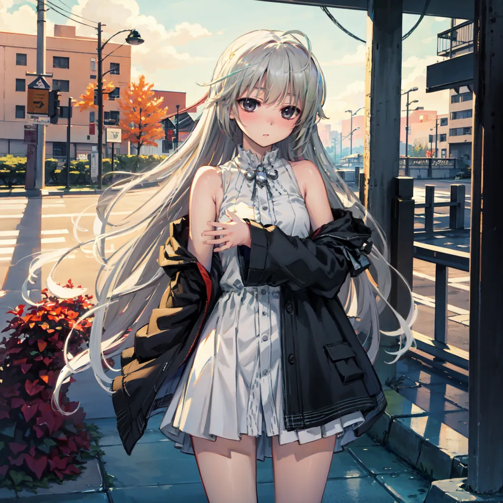 The image is an anime-style drawing of a young woman with long white hair and purple eyes. She is wearing a white dress with a black jacket and black boots. She is standing in an urban setting, with a city street in the background. The image is drawn in a realistic style, with soft shading and detailed textures. The woman's expression is one of slight sadness or resignation.