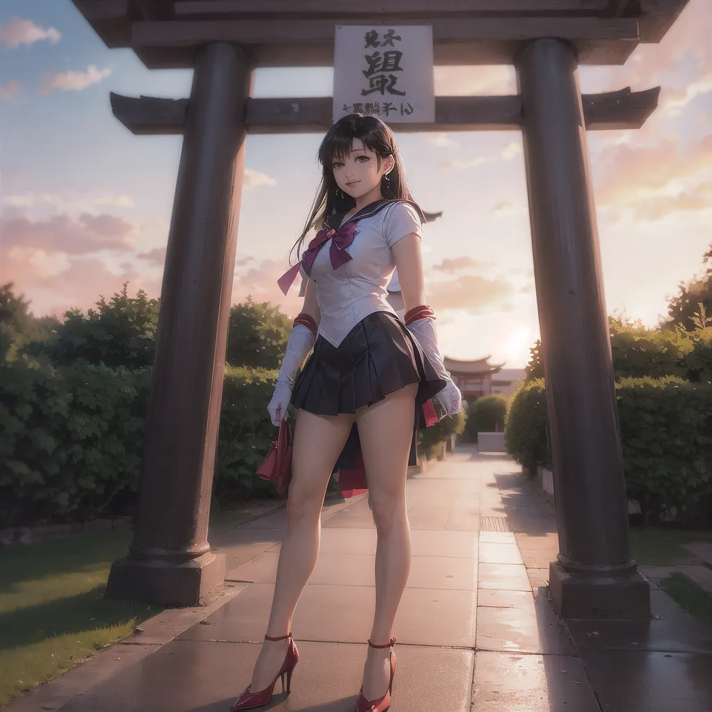 The image is of a young woman standing in front of a torii gate. The woman is wearing a sailor fuku, a type of Japanese school uniform. She has long, dark hair and blue eyes. She is carrying a red handbag and wearing red high heels. The torii gate is made of wood and has a red roof. It is located in a park, and there are trees and bushes in the background. The sky is a gradient of pink and purple.