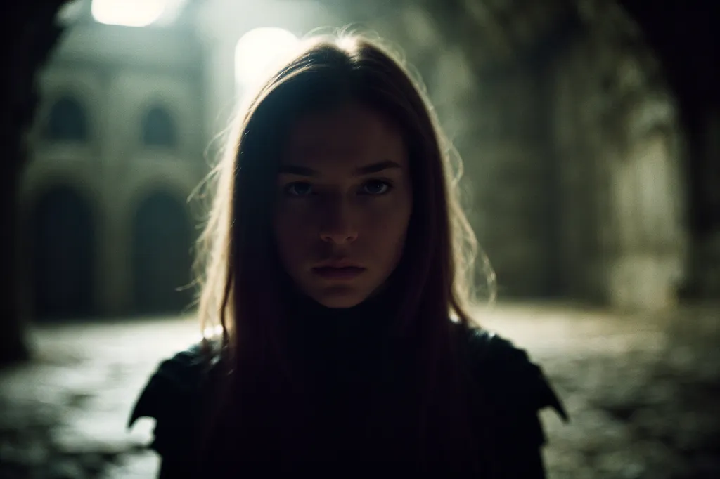 The image is a portrait of a young woman. She is standing in a dark room, with only a single light source illuminating her face. She is wearing a dark-colored dress, and her hair is left open. The woman has a serious expression on her face, and she is looking directly at the viewer. The background of the image is blurry, and it is not possible to make out any details.