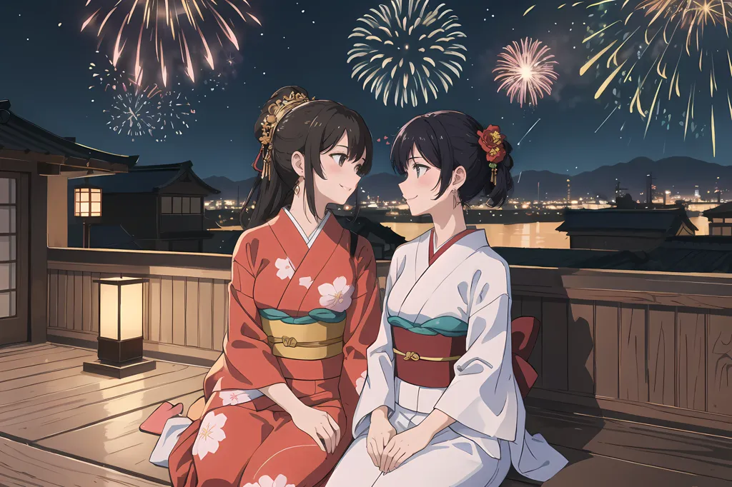 This image shows two girls in kimono watching fireworks. The girl on the left is wearing a red kimono with white and pink flowers. The girl on the right is wearing a white kimono with a red and gold obi. They are both sitting on a wooden railing. There are houses and mountains in the background. The sky is dark and there are many fireworks in the sky.